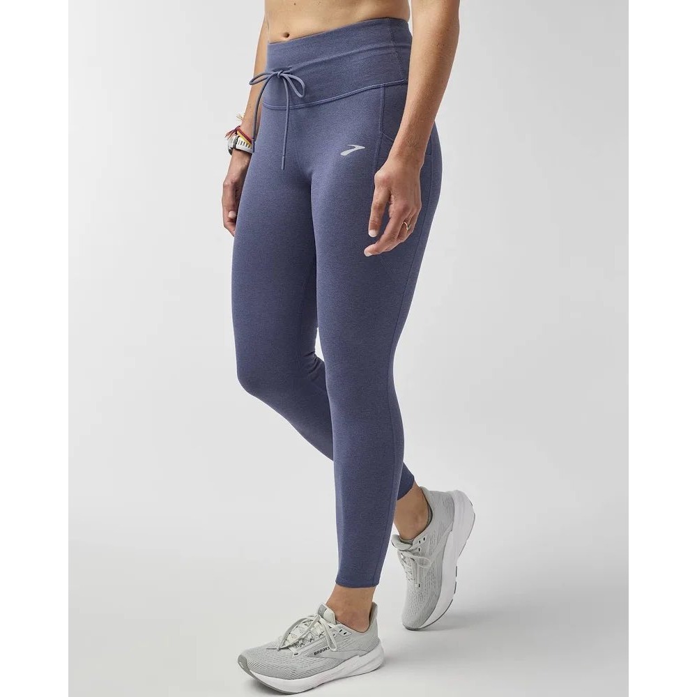 Brooks Luxe Buttery Soft Running Leggings Heathered Blue Gray Pockets Womens/M